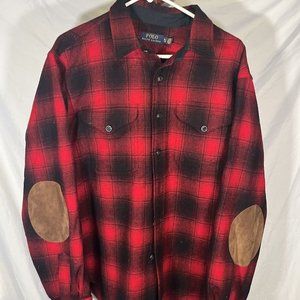 Polo by Ralph Lauren Red Flannel Shirt Suede Elbow Pad Long Sleeved XL